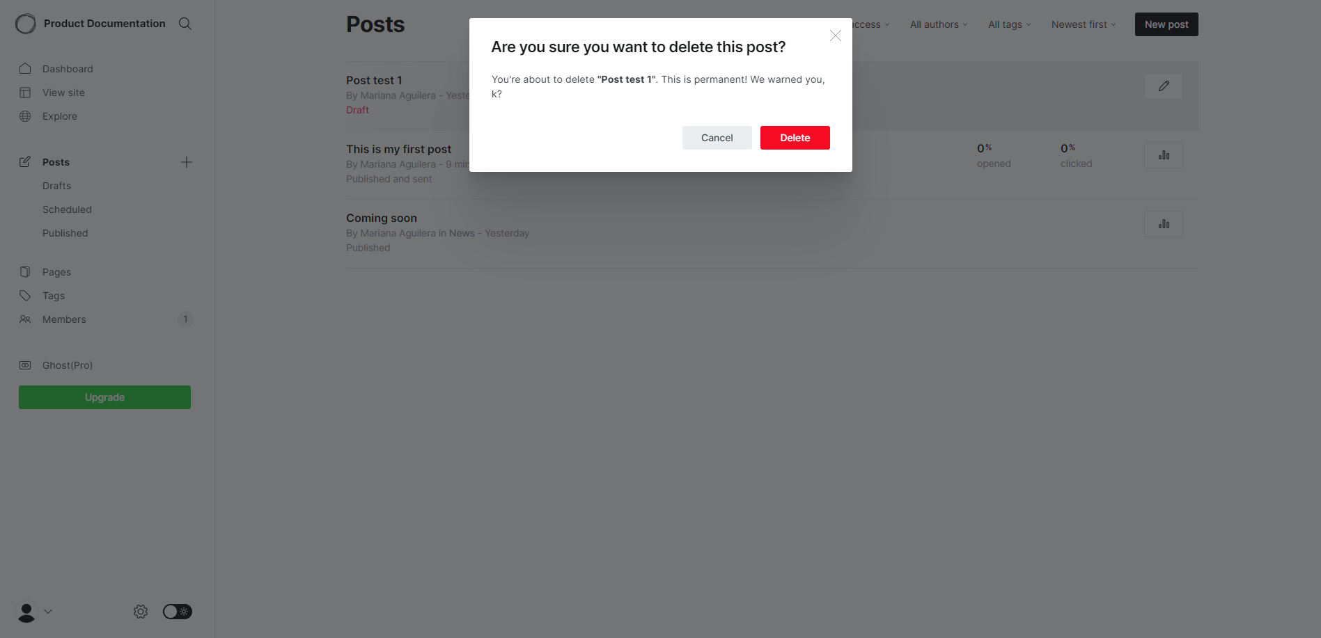 Confirm delete modal