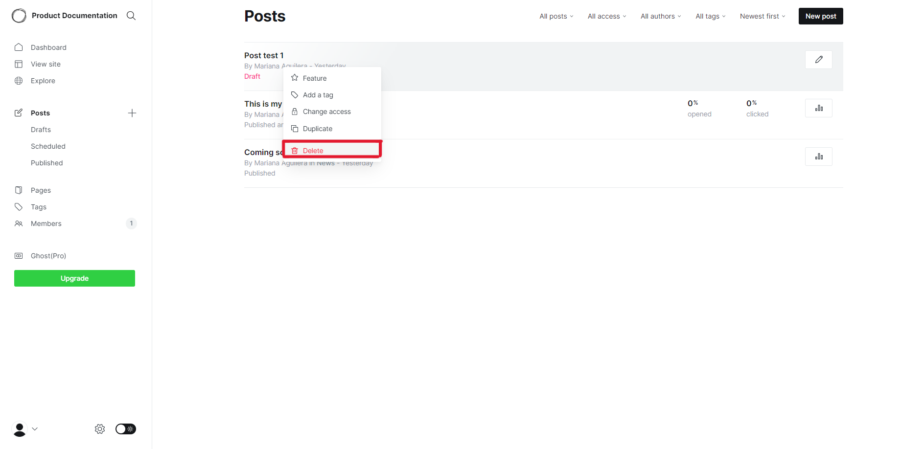 Right-click deletion menu